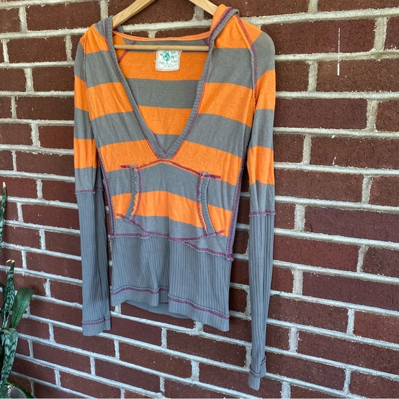Free People Orange & Grey Striped Long sleeve w/ Oversized Hood Size XS - Picture 14 of 14